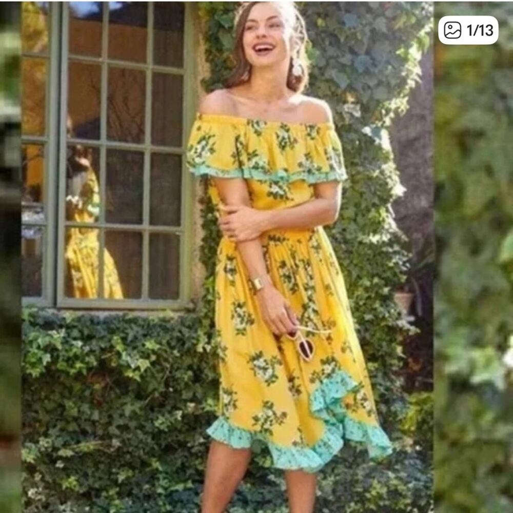 Matilda Jane Floral Off Shoulder Midi Dress L Yellow Boho Ruffle Cottagecore - Picture 11 of 11